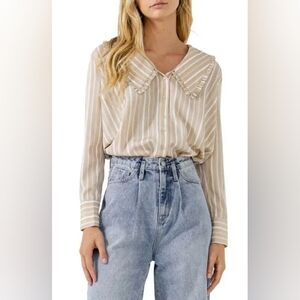 English Factory Ruffle Collar Stripe Shirt Beige XS